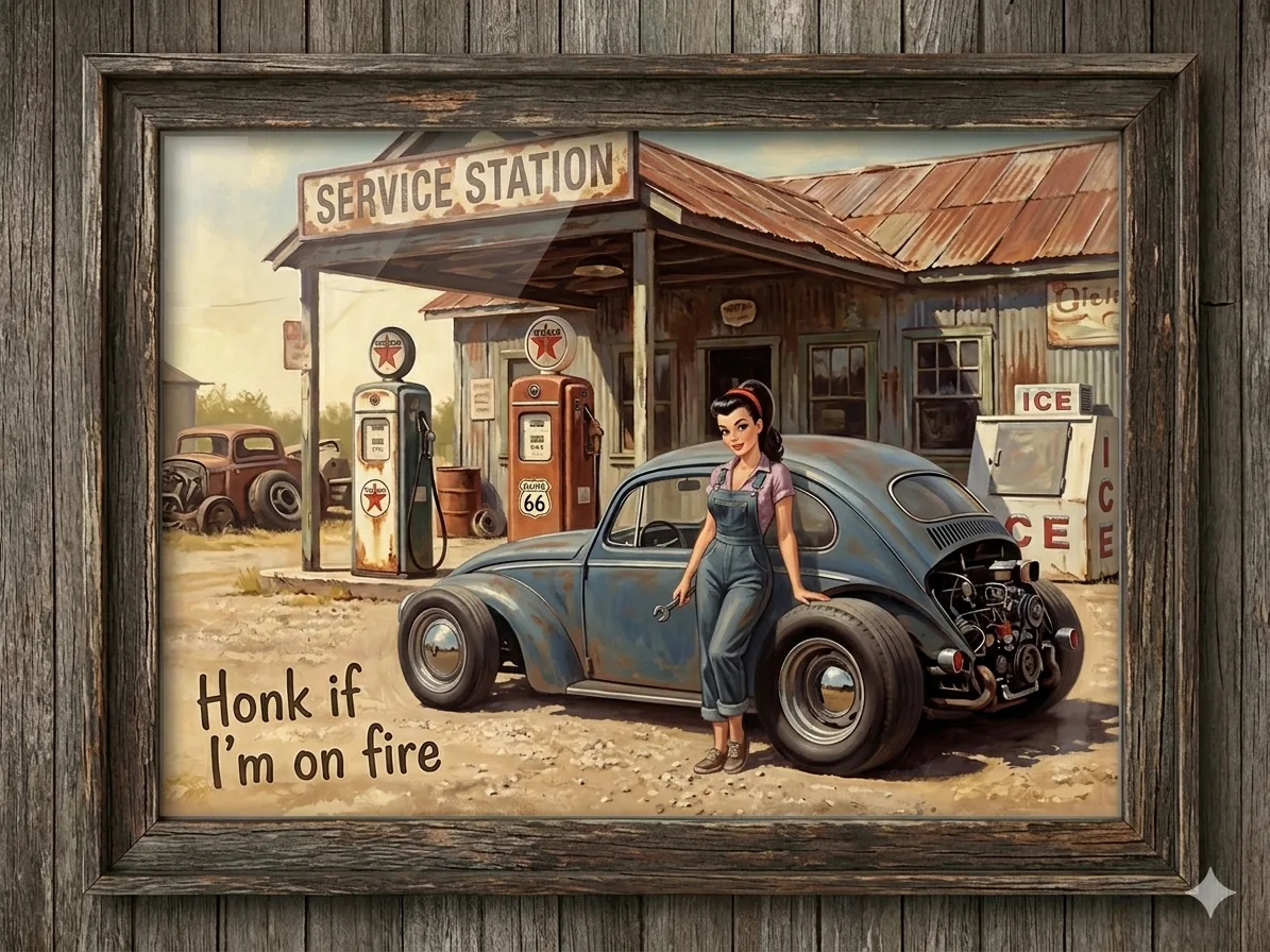 Picture Frame Honk If I’m On Fire – Retro Air-Cooled Volkswagen Framed Wall Art