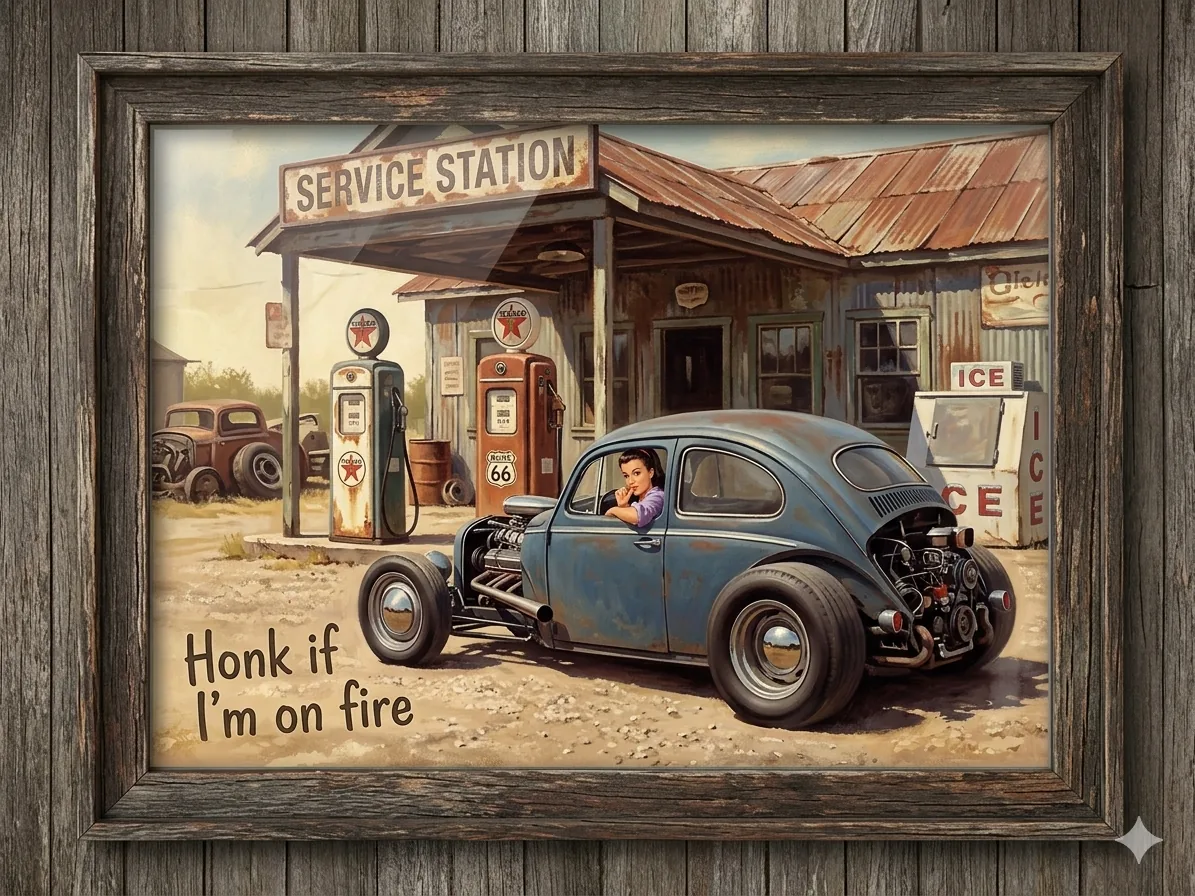 Picture Frame Honk If I’m On Fire – Funny Vintage VW Bug Garage Wall Art