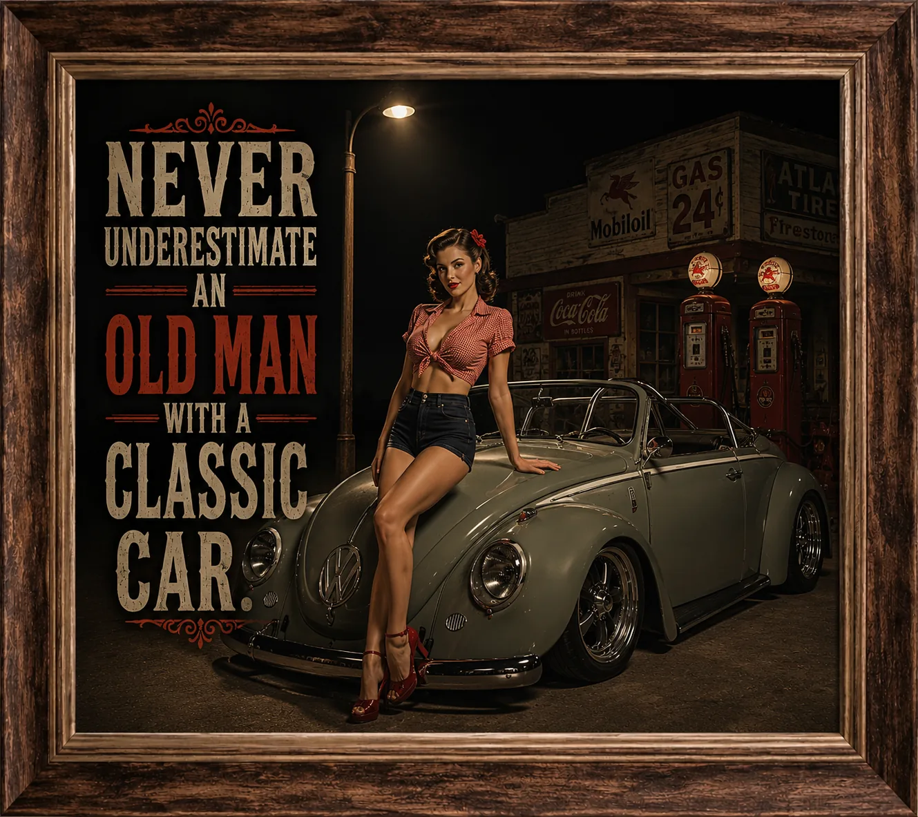 Picture Frame Never Underestimate an Old Man with a Toolbox and a Volkswagen – Vintage VW Poster