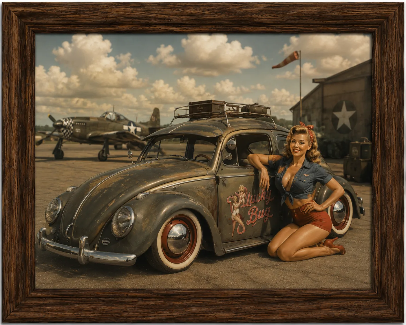 Picture Frame Sunset Cruisin’ – Vintage VW Bug & Pinup Style Wall Art